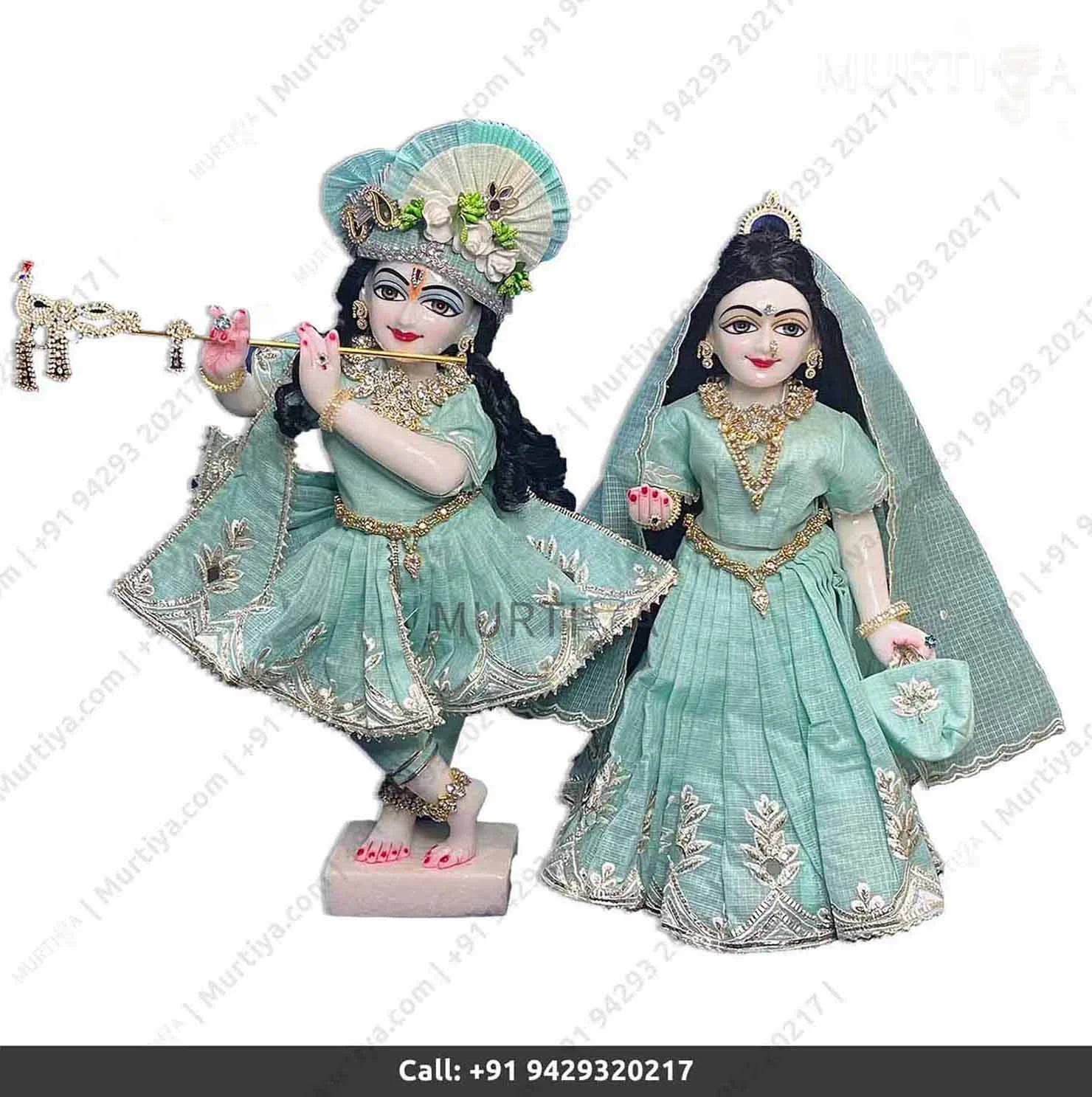 18 Inches ISKCON White Radha Krishna Marble Statue With Light Blue Color Dress Clothes Jewellery Pure Handmade